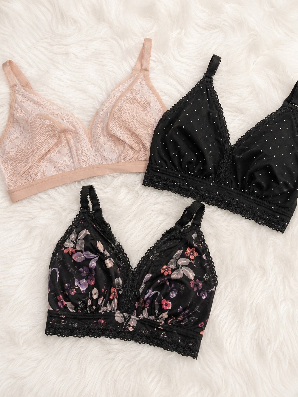 Torrid Blush Lace, Solid Black Dot & Black Floral Bralette Trio